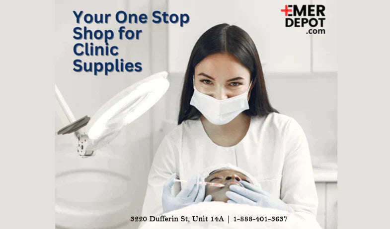 Medical professional in mask and gloves treating patient in clinic, dental and medical supplies