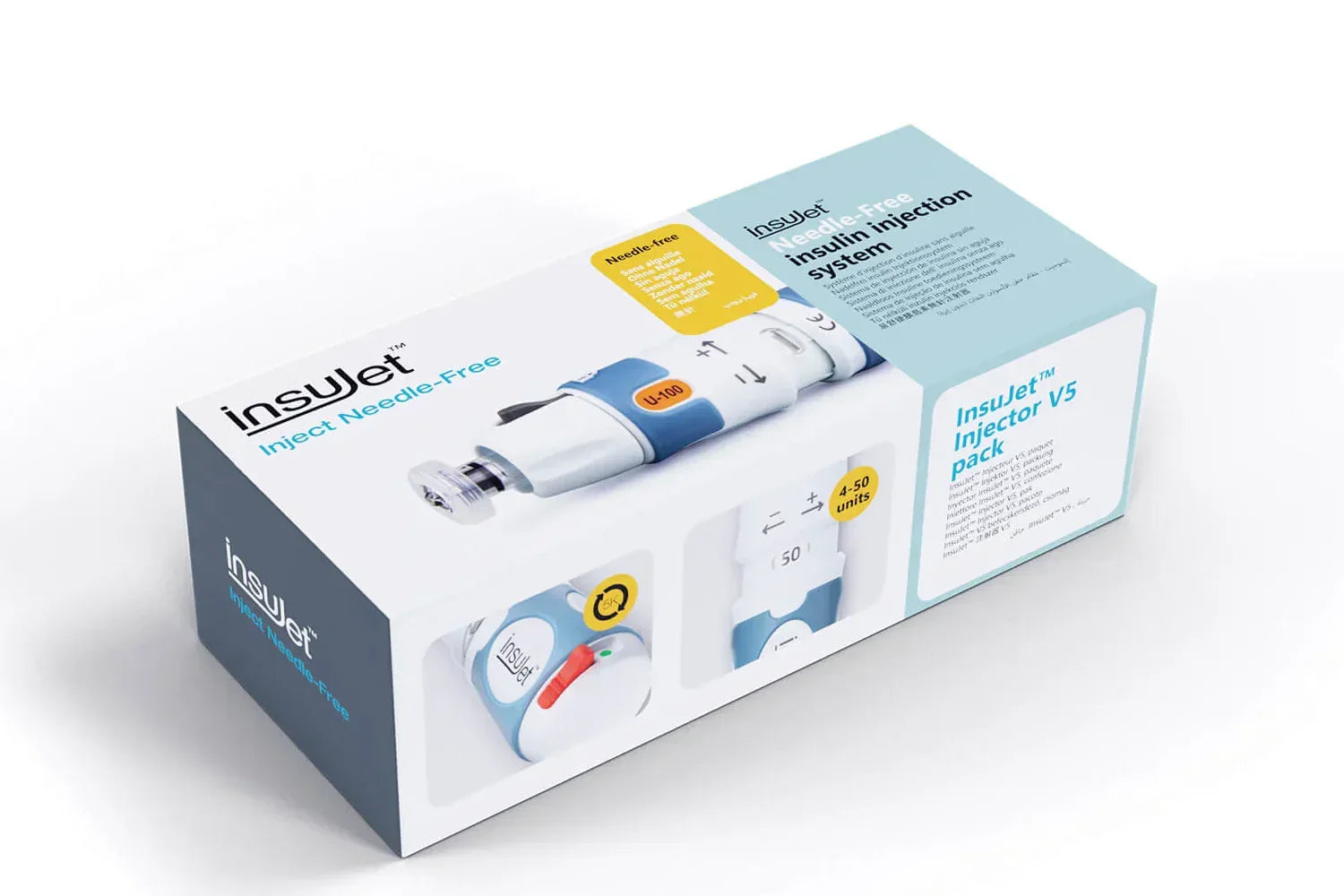 InsuJet needle-free insulin injection system V5 pack box with product images