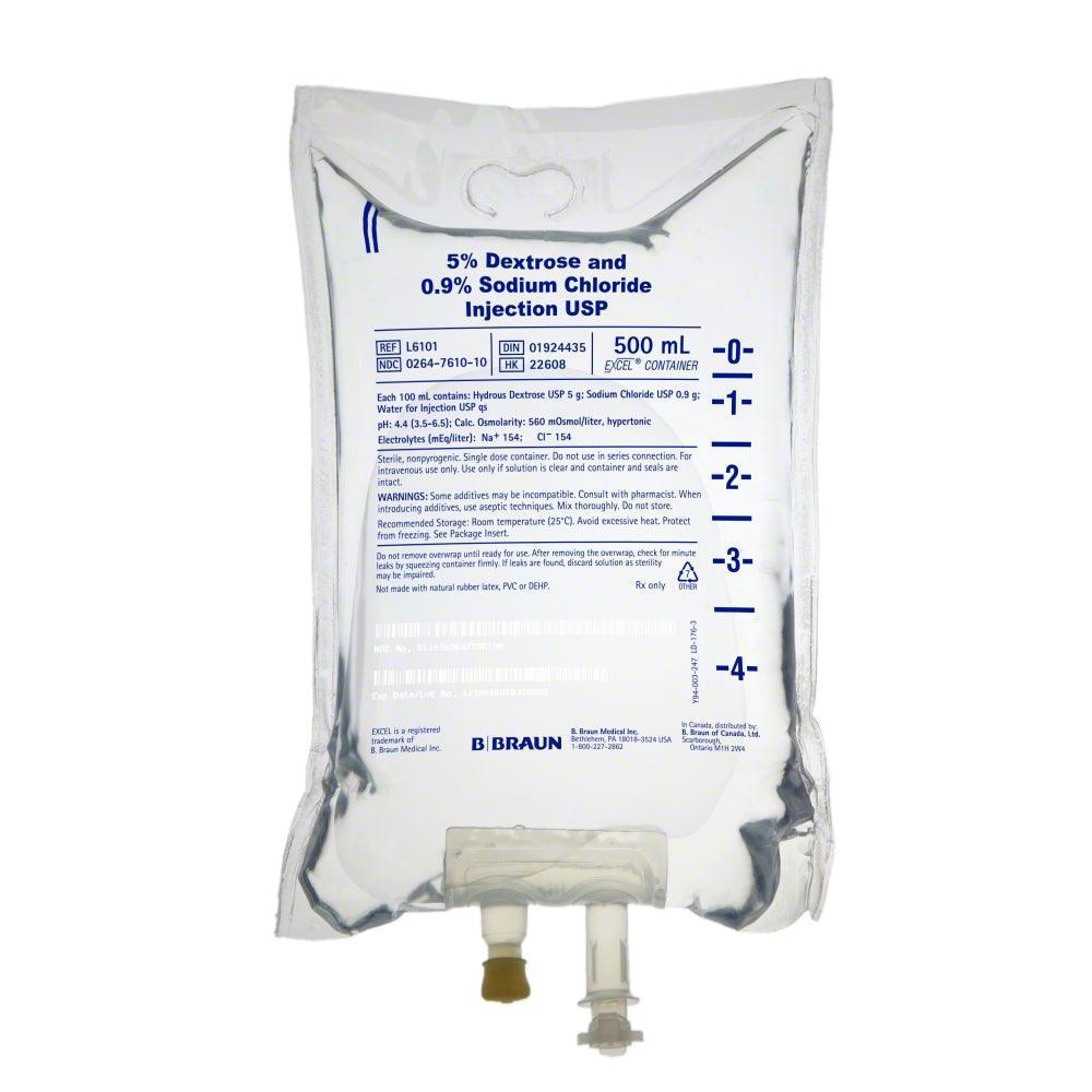 500mL IV bag of 5% dextrose and 0.9% sodium chloride injection solution, clear liquid