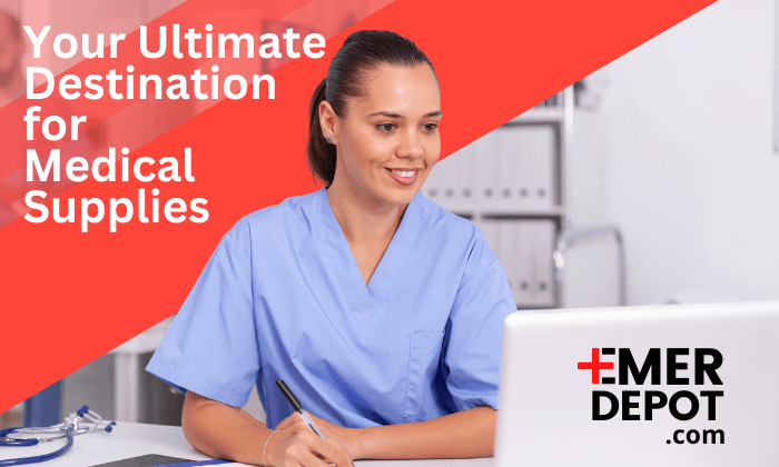 Nurse in scrubs using laptop for online medical supplies shopping in a healthcare office