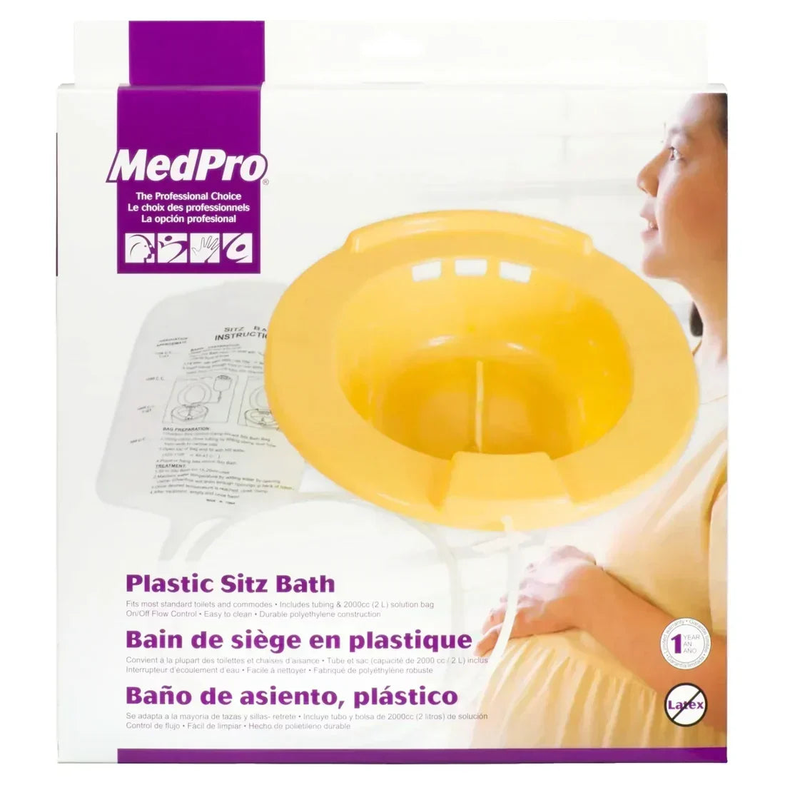 MedPro Plastic Sitz Bath for home care, fits standard toilets, includes 2L solution bag, latex-free