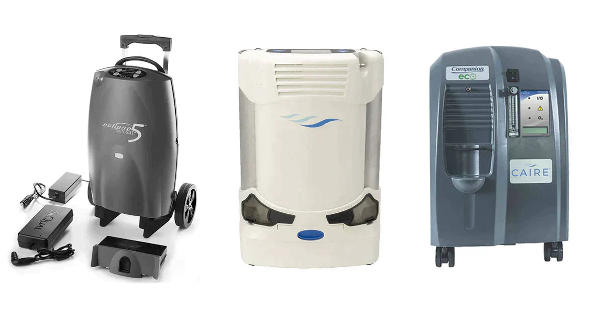 Three home oxygen concentrators for respiratory therapy on white background