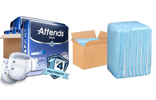 Adult incontinence briefs multipack and disposable underpads in packaging and open box