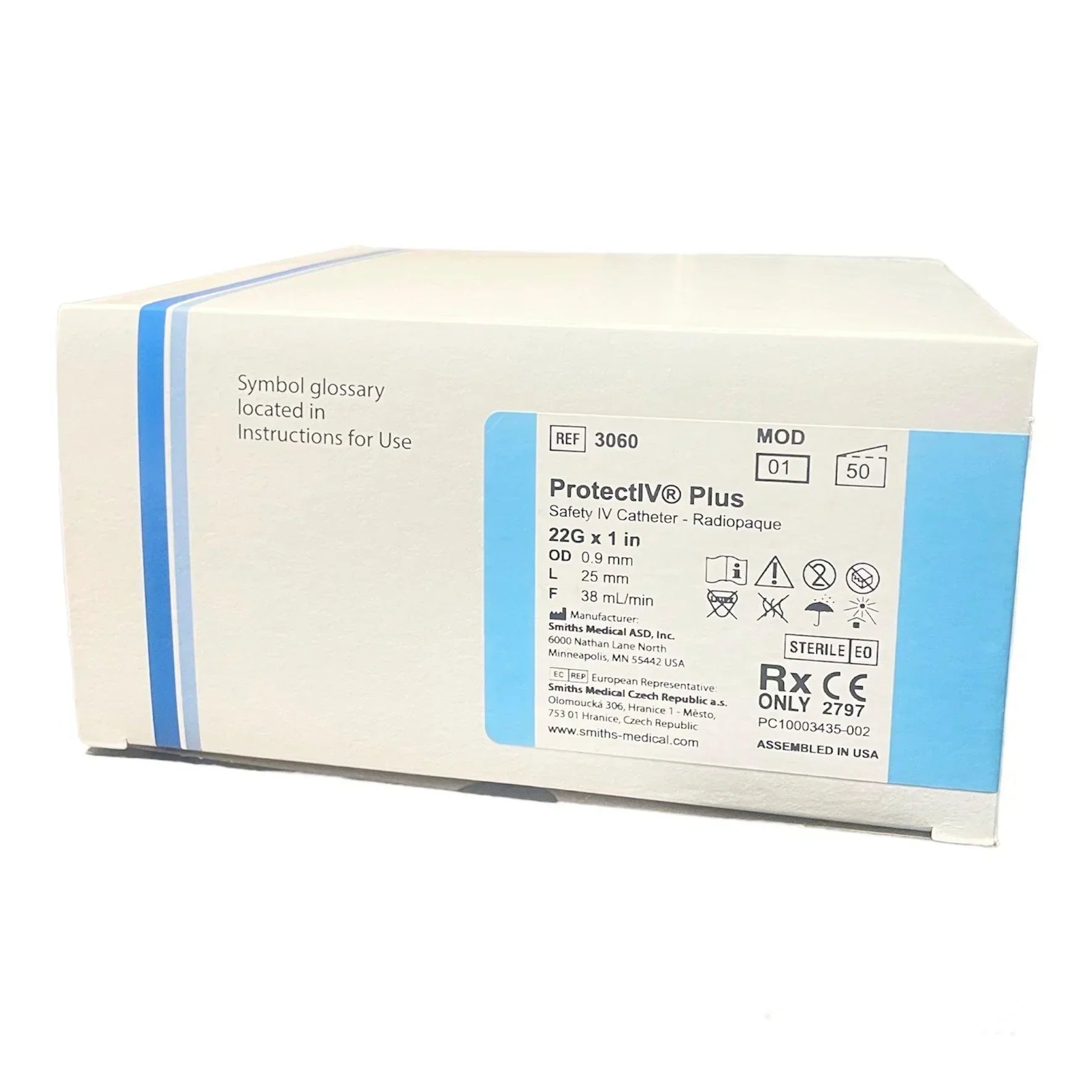 ProtectIV Plus Safety IV Catheter 22G x 1 inch box, medical supply packaging.