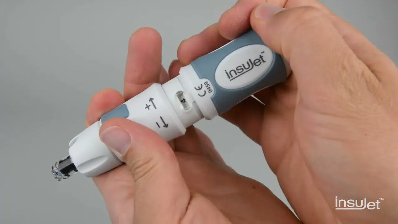 Hands adjusting Insujet needle-free injector medical device for home care use