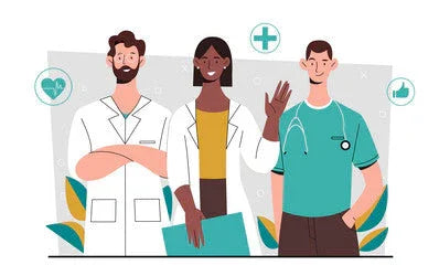 Group of diverse doctors and nurses in medical uniforms with health icons in background