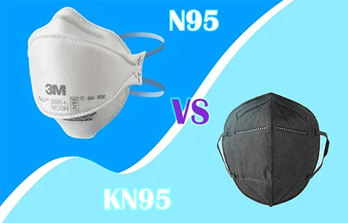 N95 mask and KN95 mask comparison on blue background, respiratory PPE supplies