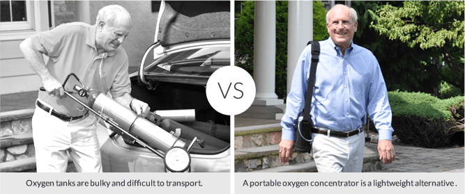 Man comparing bulky portable oxygen tank and lightweight portable oxygen concentrator