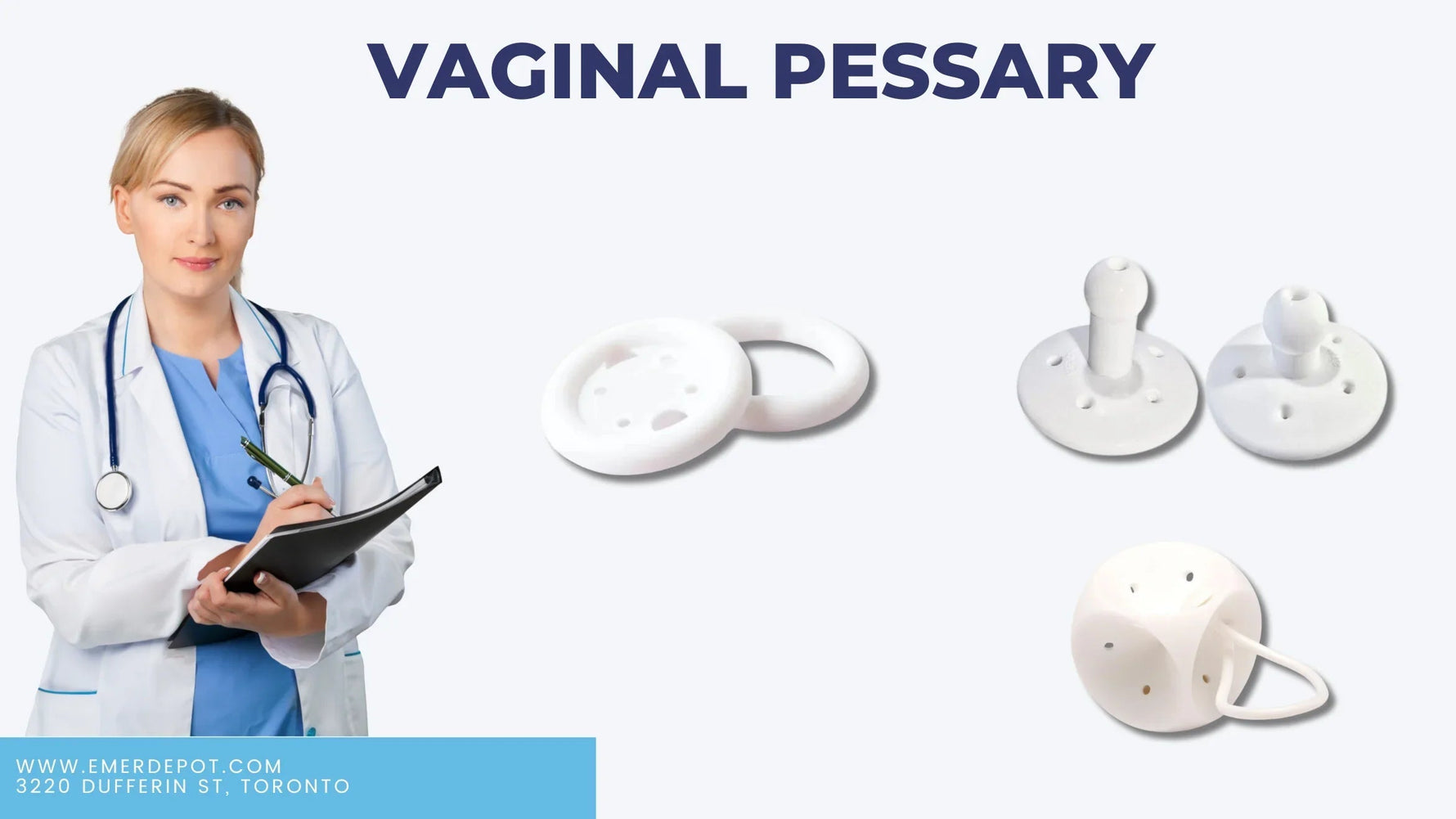 Doctor with stethoscope beside different types of white vaginal pessaries on light background
