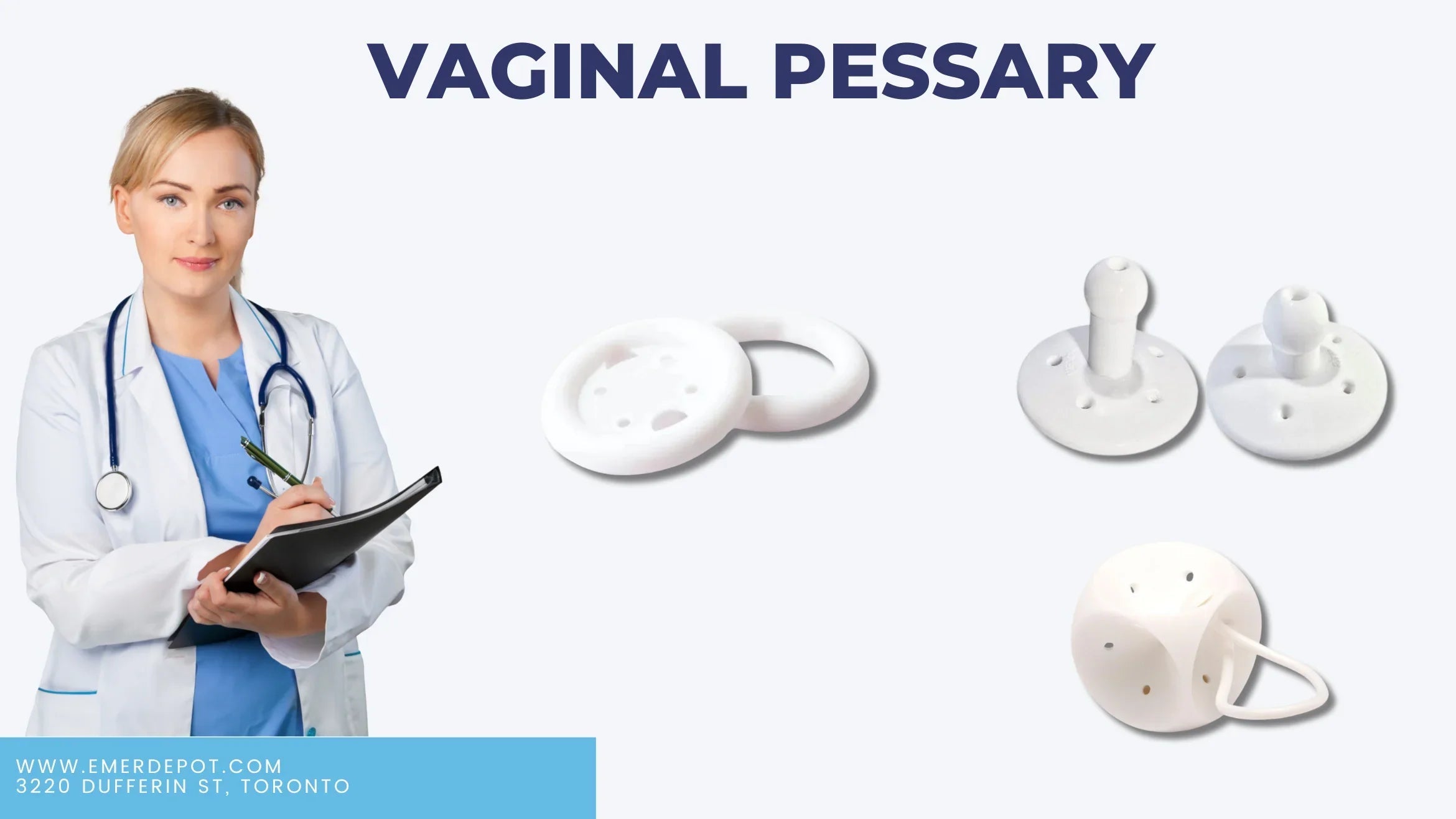 Doctor with stethoscope beside different types of white vaginal pessaries on light background