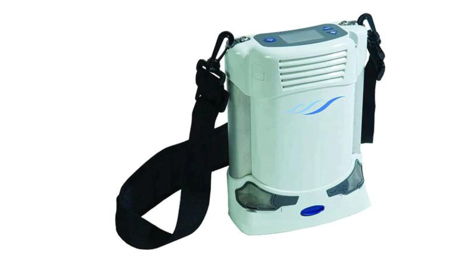 Portable oxygen concentrator with display screen and carrying strap on white background