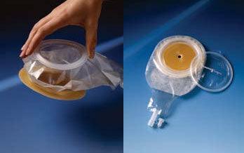 One-piece drainable ostomy pouch with adhesive base, shown in use and close-up on blue background.