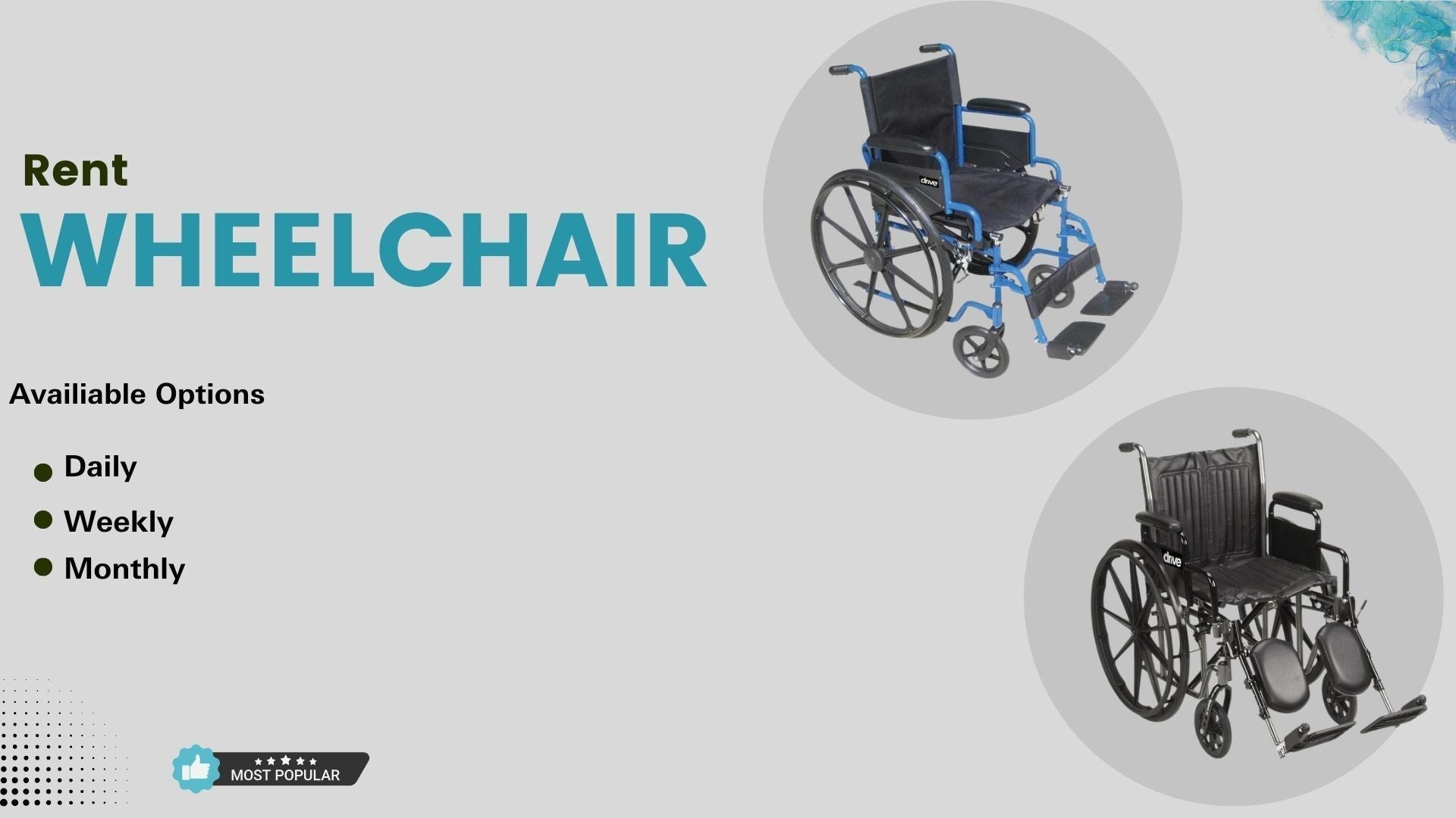 Rent wheelchair banner featuring two manual wheelchairs and rental options for daily, weekly, monthly use.