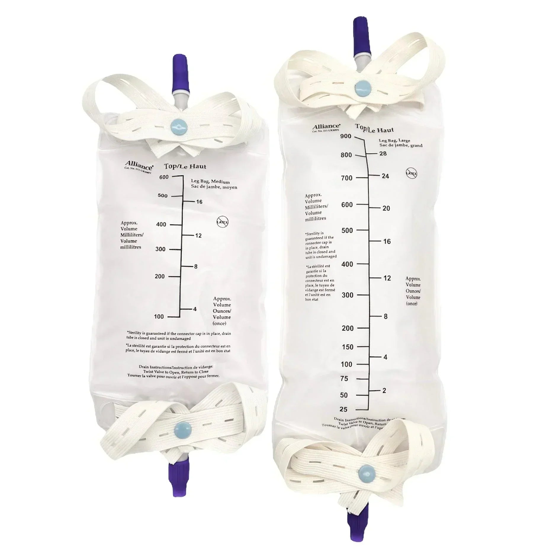 Urinary leg bags with straps, 900ml capacity, twist drainage valve, medical supply