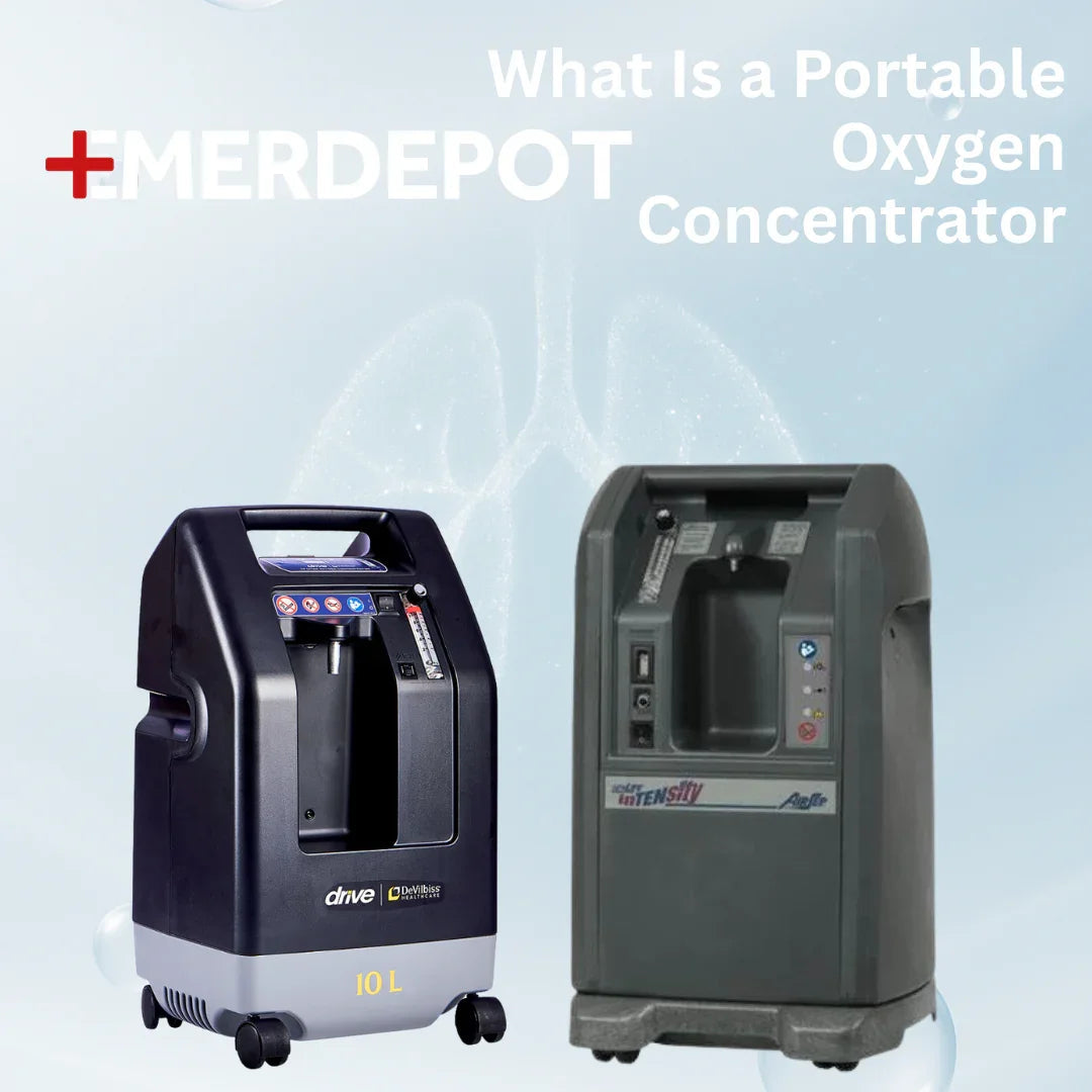 Two portable oxygen concentrators on light blue background with informative text overlay.