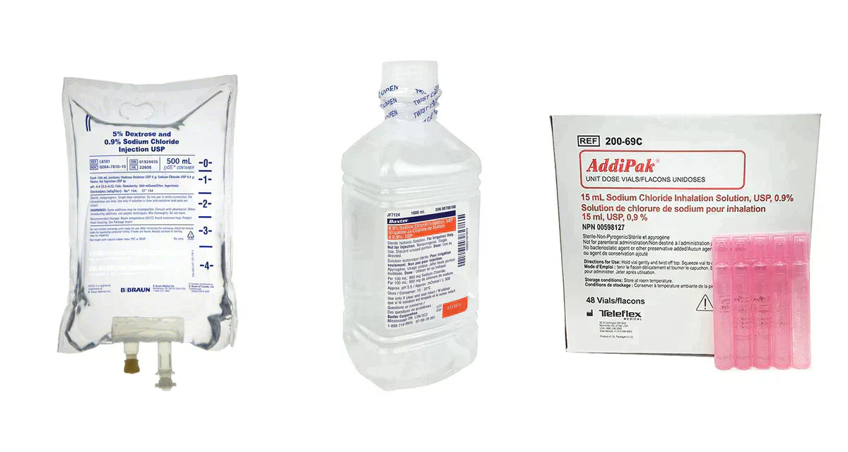 Saline wound wash solutions including IV bag, bottle, and sodium chloride vials for medical use