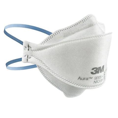 N95 particulate respirator mask with blue headbands, white cup shape, 3M logo visible
