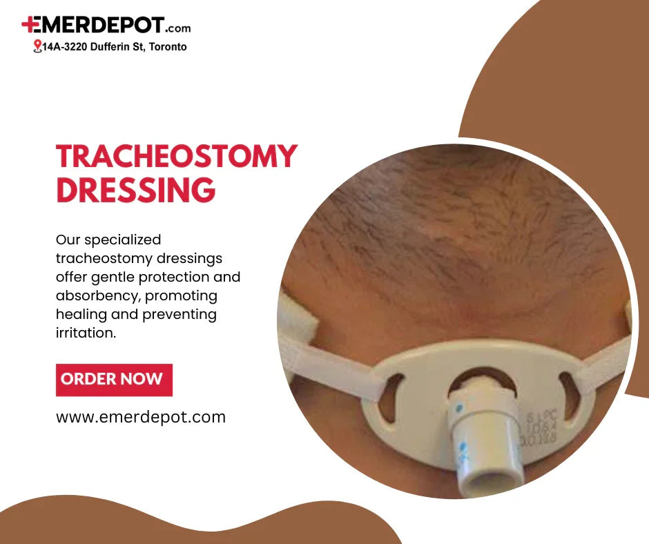 Tracheostomy dressing applied on neck with secure straps, medical supplies for respiratory care