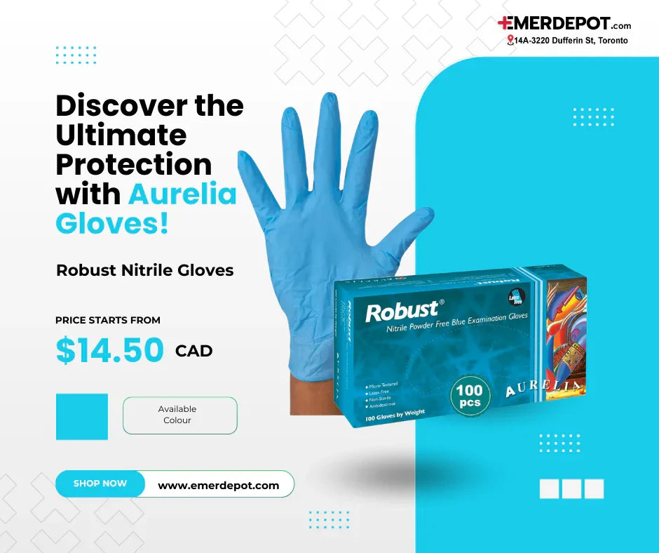 Blue nitrile examination glove and Robust Aurelia gloves box for medical or home care use.
