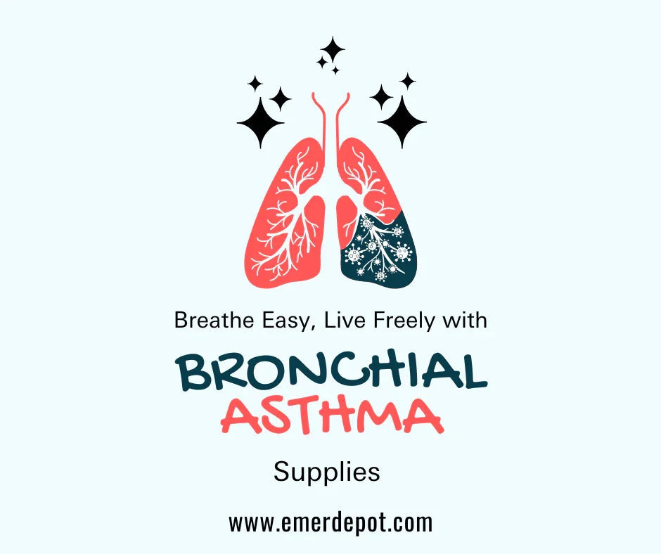 Illustration of human lungs with text promoting bronchial asthma medical supplies