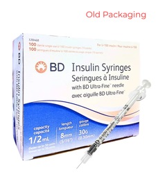 BD insulin syringes 0.5mL, 30G 8mm, old packaging, box and syringe visible