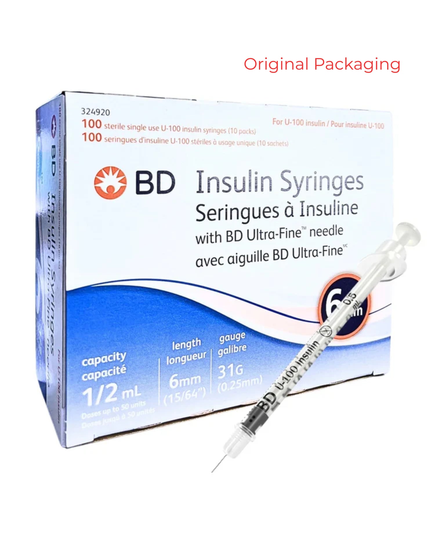 Seringues à insuline 0,5 ml | 31 g x 6 mm avec aiguille ultra-fine BD | 324920