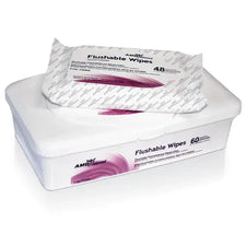 AMR Approved flushable wipes pack, white plastic container with open lid and visible wipes