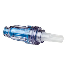 IV needleless connector with clear blue plastic housing for medical infusion therapy