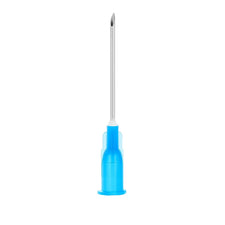 Sterile hypodermic needle with blue hub for medical injections, isolated on white background.