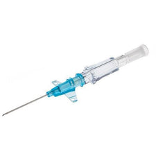 IV cannula with blue hub for medical intravenous catheterization, isolated on white background