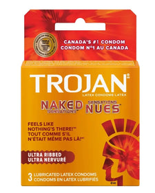 Trojan Naked Sensations ultra ribbed lubricated latex condoms 3-pack, orange box