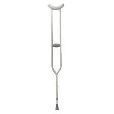 Adjustable aluminum medical crutch with padded underarm and hand grip on white background