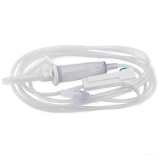Sterile IV infusion set with clear tubing and drip chamber on white background