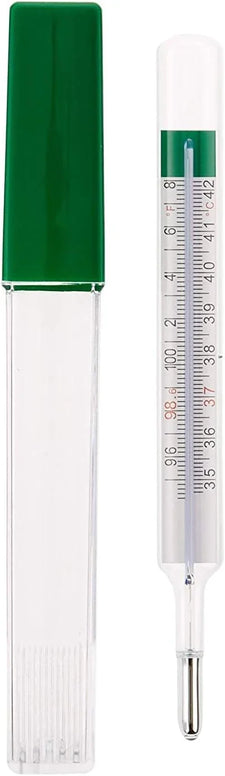 Glass medical thermometer with clear plastic case, green cap, Celsius and Fahrenheit scale