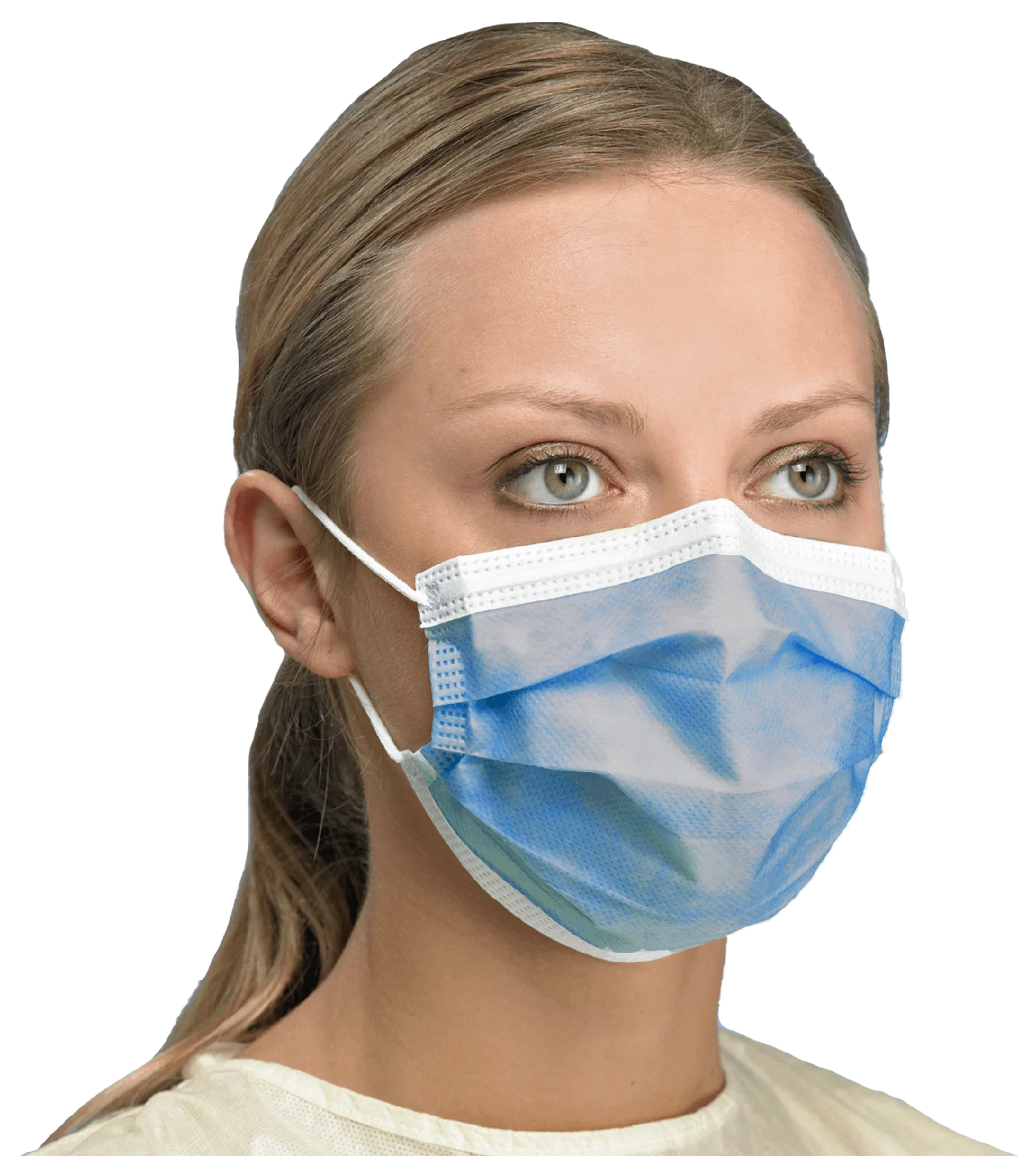 Woman wearing blue disposable medical face mask for healthcare protection