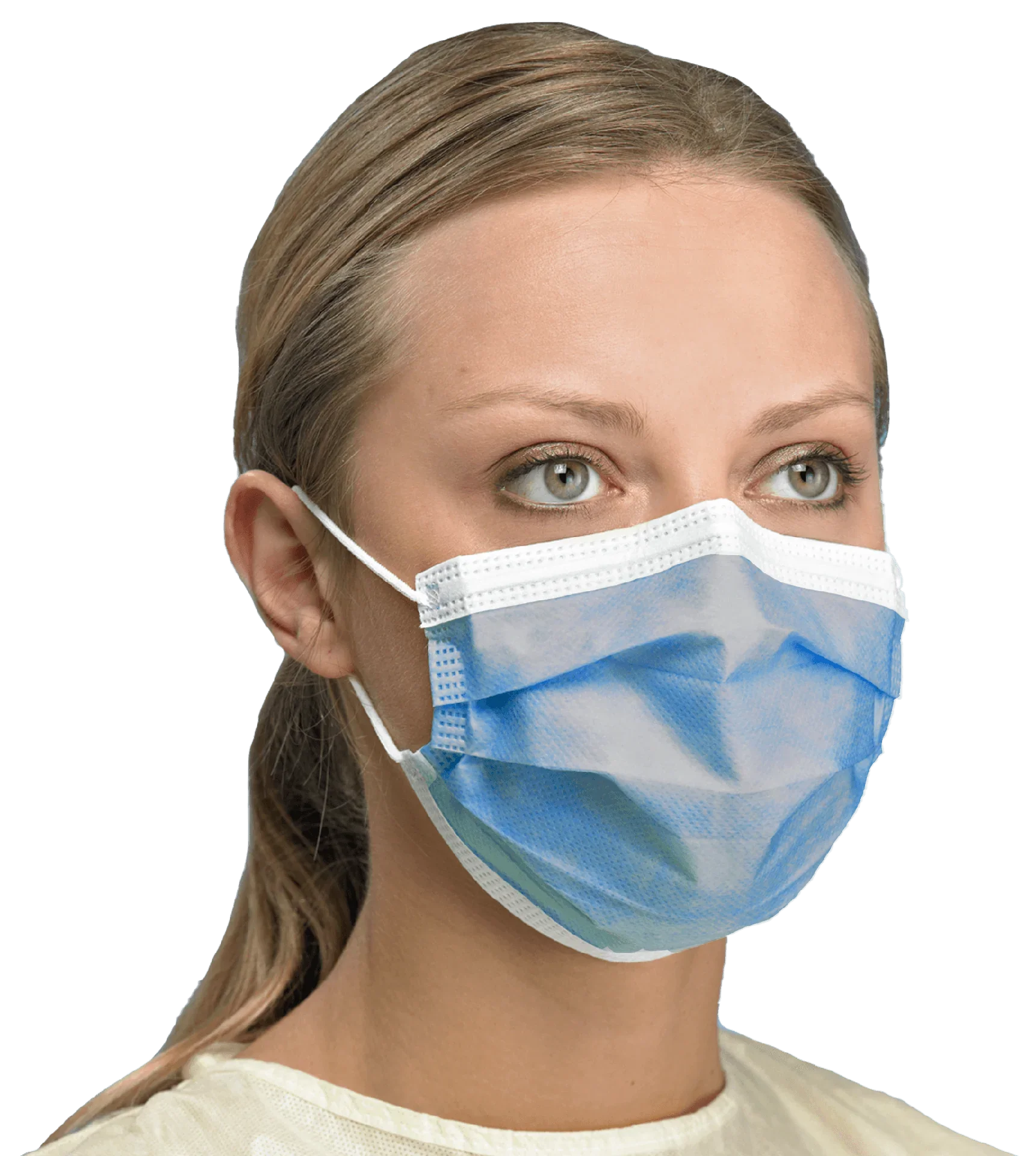 Woman wearing disposable blue medical face mask for home care or PPE