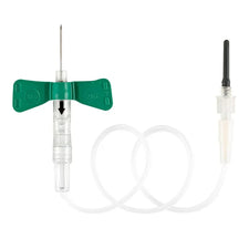Butterfly winged infusion set with green wings and transparent tubing for IV access