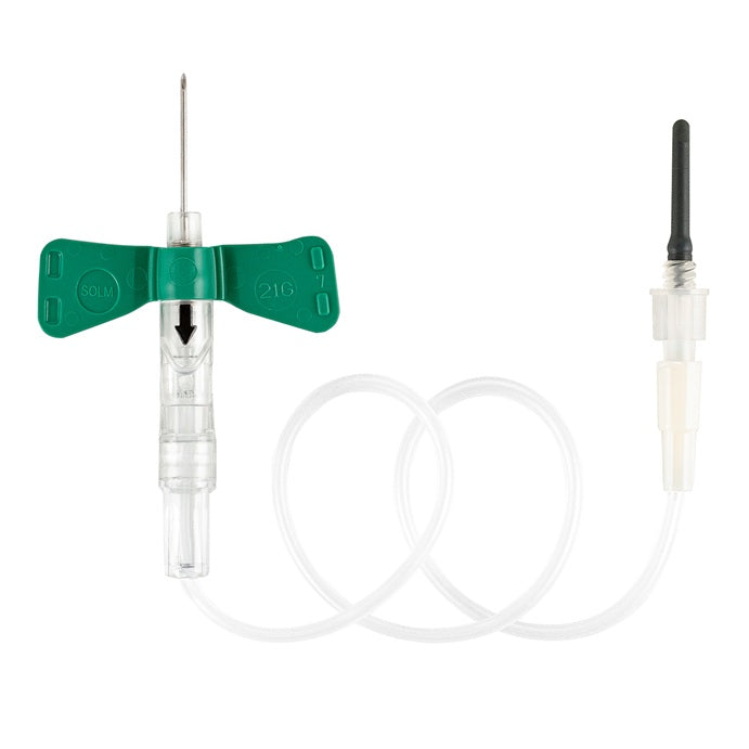 21G butterfly infusion set with green wings and attached IV tubing for medical use