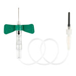 Butterfly winged infusion set with green wings and clear tubing for venipuncture