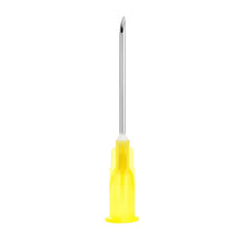 Hypodermic needle with yellow safety cap for medical and home care use on white background