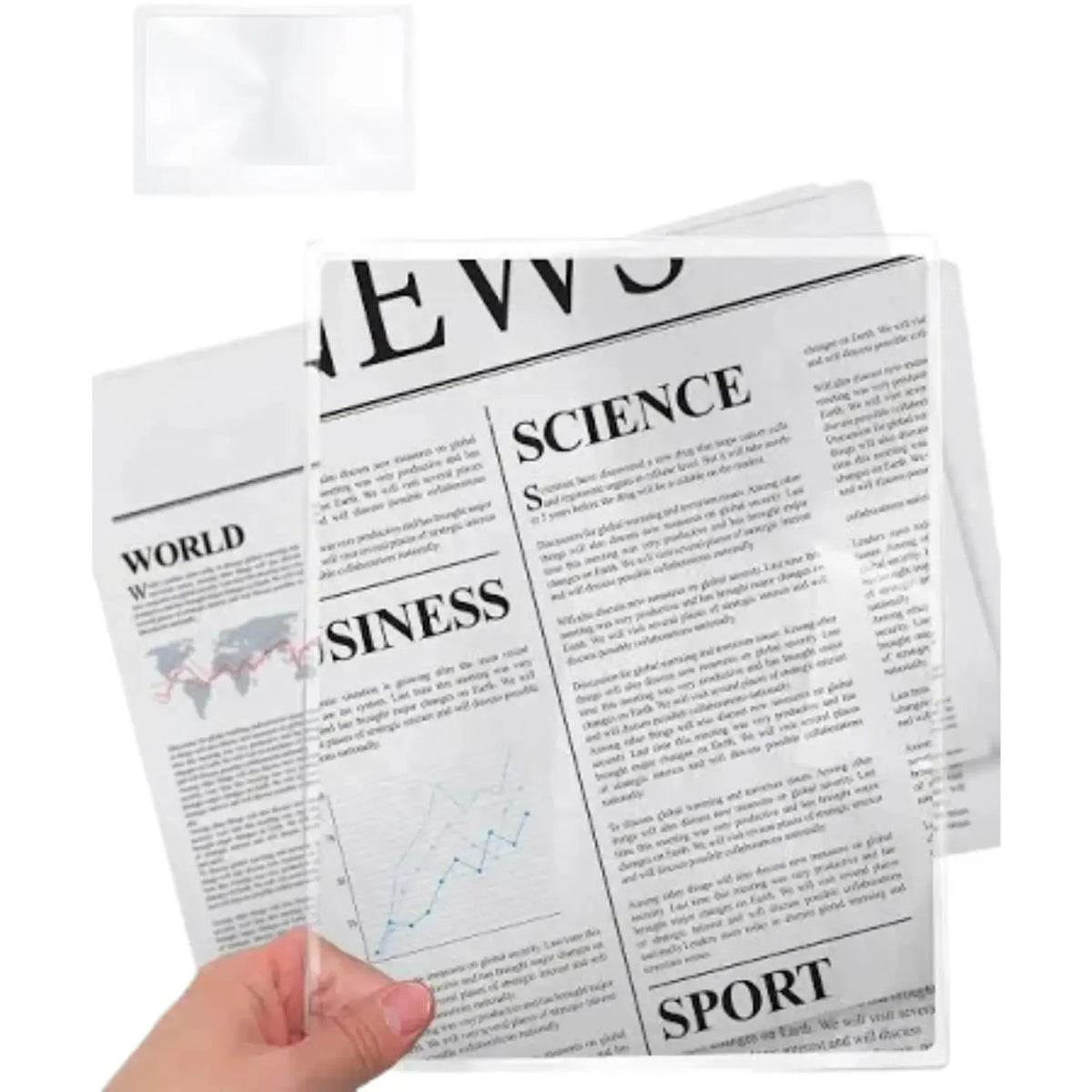 Hand holding flexible magnifying sheet lens over newspaper text for reading aid