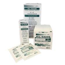 Medical gauze sponges in various sterile packaging, home care and wound care supplies.