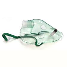 Clear oxygen mask with green elastic strap for respiratory care