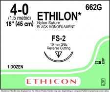 Ethicon medical supply package in green with expiration and lot markings
