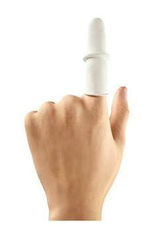 Hand with a white latex finger cot on the index finger for medical protection