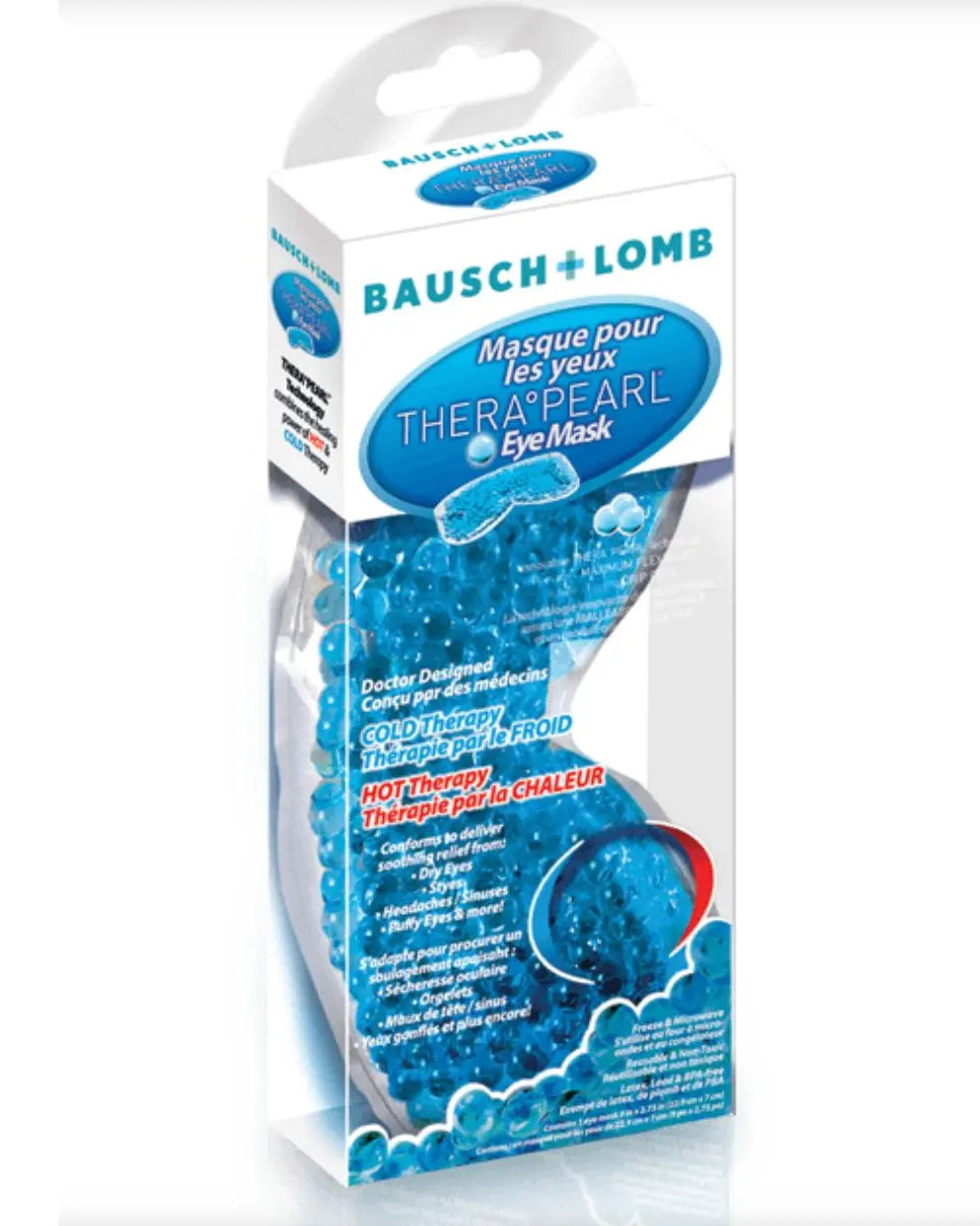 Bausch + Lomb TheraPearl Eye Mask in retail packaging, blue gel beads visible inside.