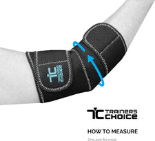 Black adjustable elbow support brace on arm, Trainers Choice, orthopedic medical supply