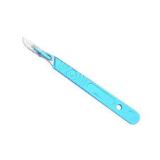 Blue disposable surgical scalpel with stainless steel blade on white background