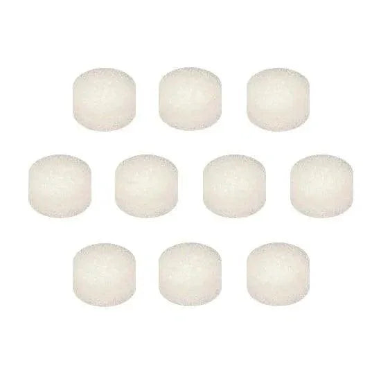 Ten white cylindrical medical filter pads arranged in two rows on white background