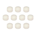 Ten white cylindrical medical filter pads arranged in two rows on white background